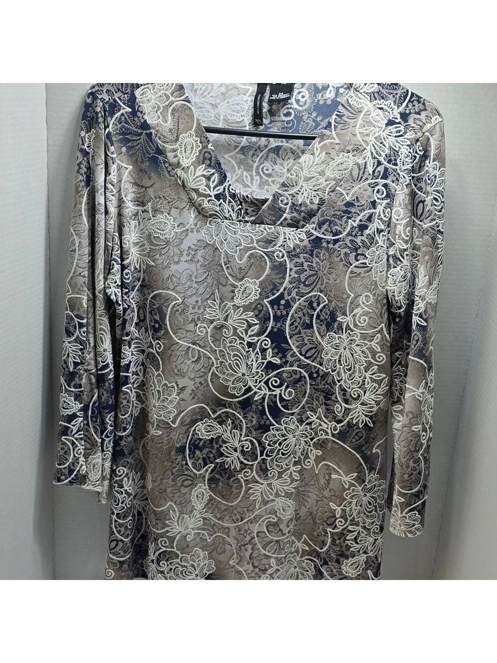 New Directions Lace Overlay Blouse - Navy and Cream